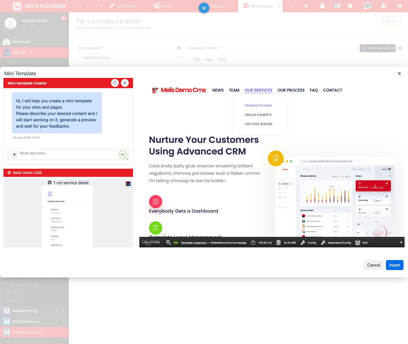 Mini-template creator generating and previewing a template