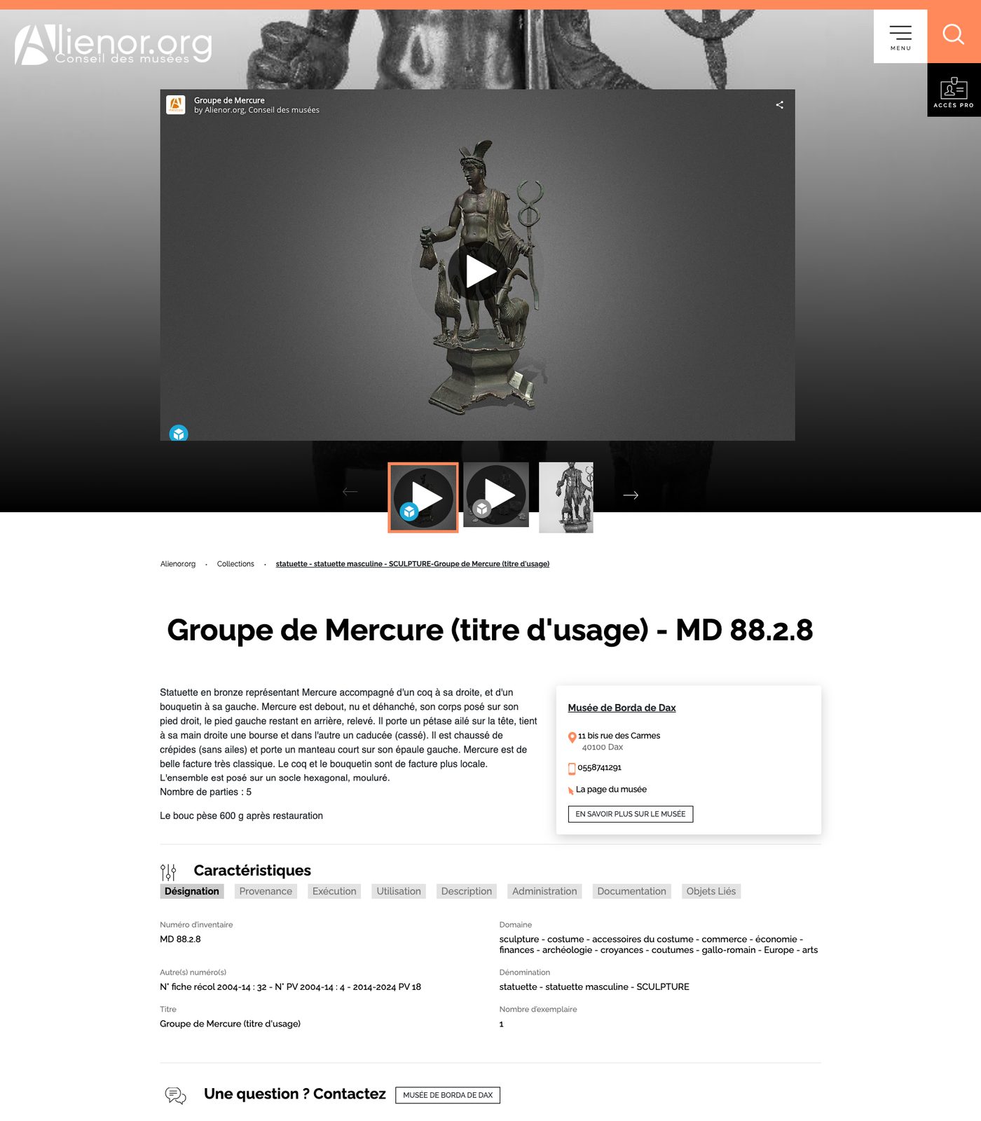Fiche d&eacute;taill&eacute;e d'une &oelig;uvre avec m&eacute;tadonn&eacute;es enrichies et visualiseur 3D