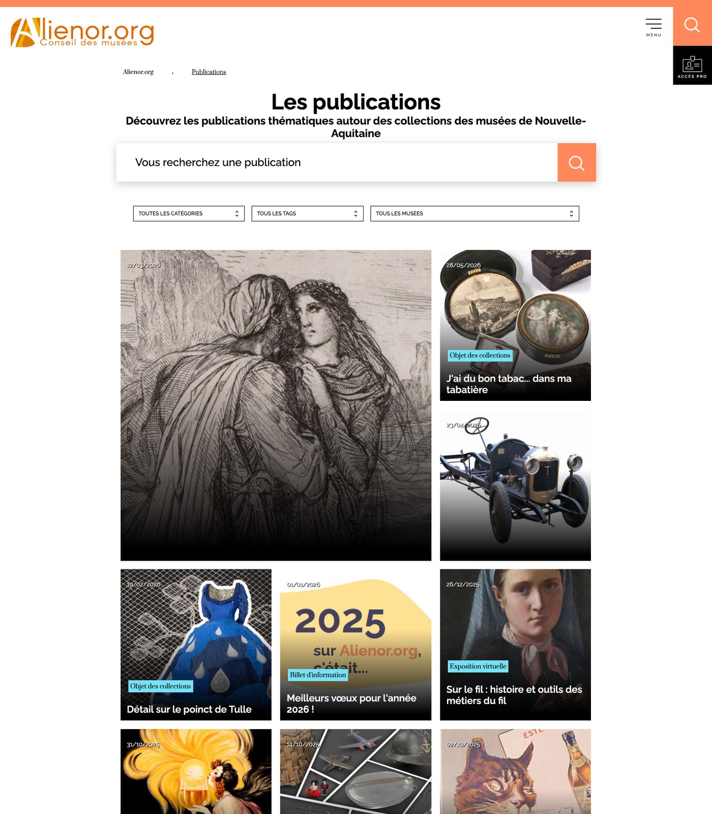 Grille de publications th&eacute;matiques, filtrables par cat&eacute;gorie et mus&eacute;e