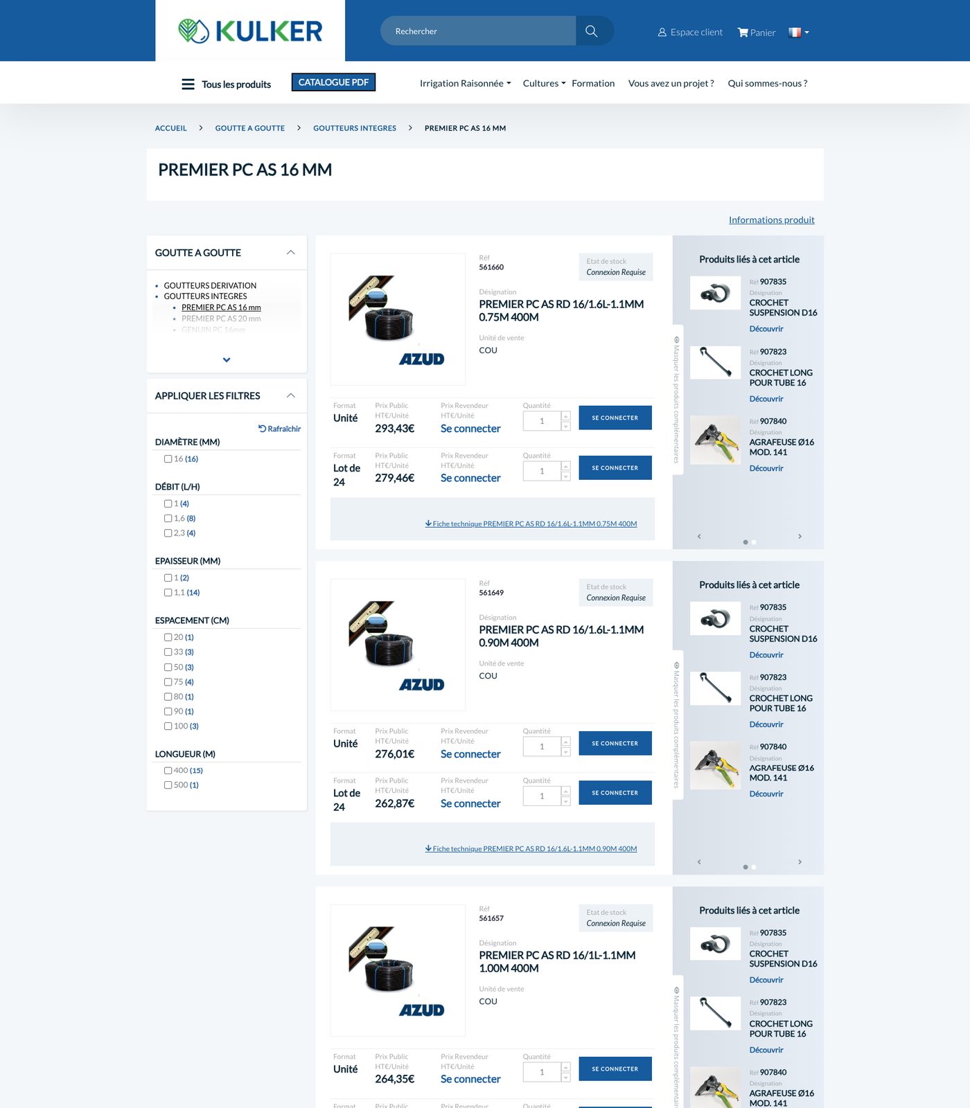 Liste de produits B2B avec filtres à facettes et tarifs revendeurs