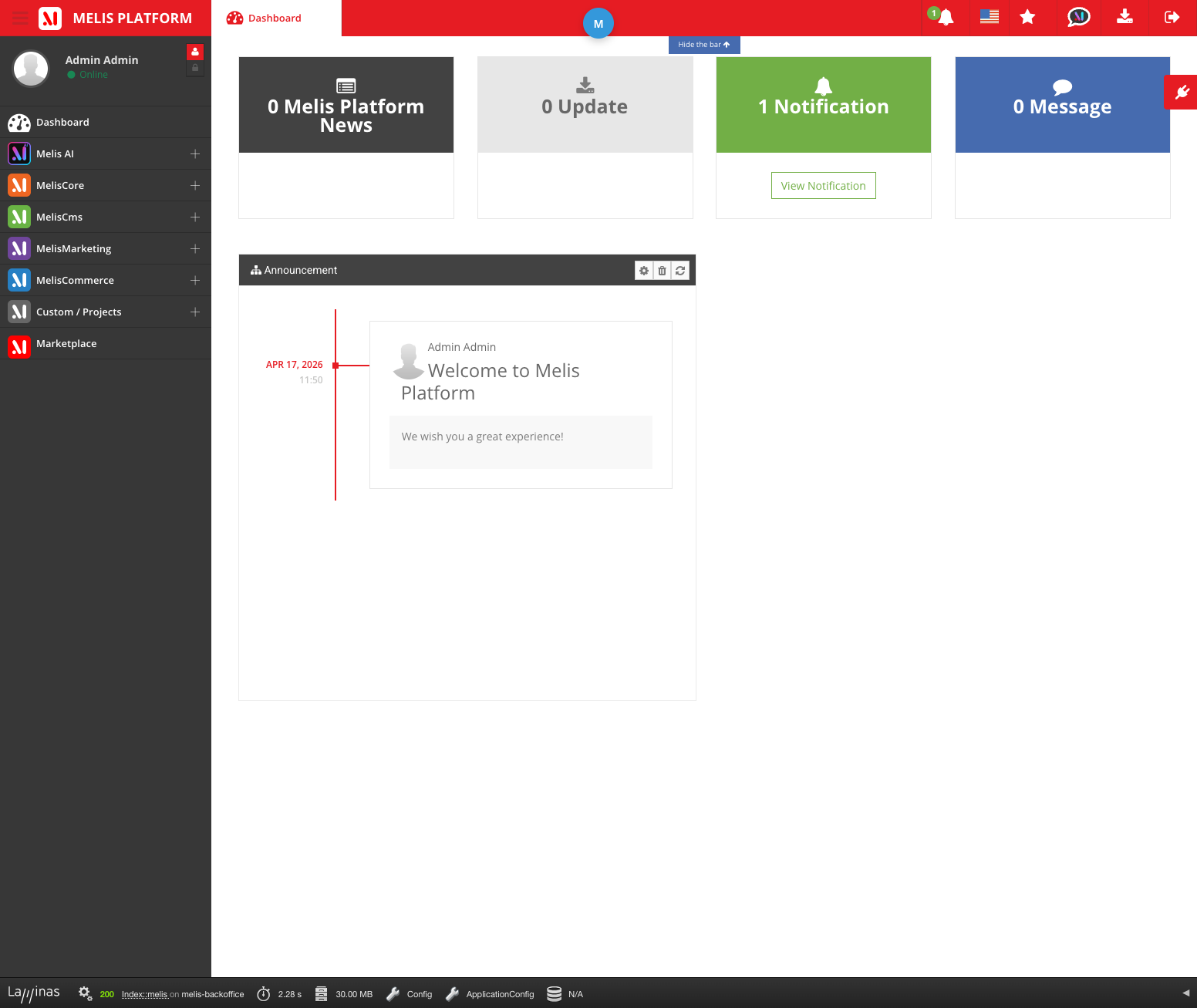 The Melis Platform back-office with its module sidebar