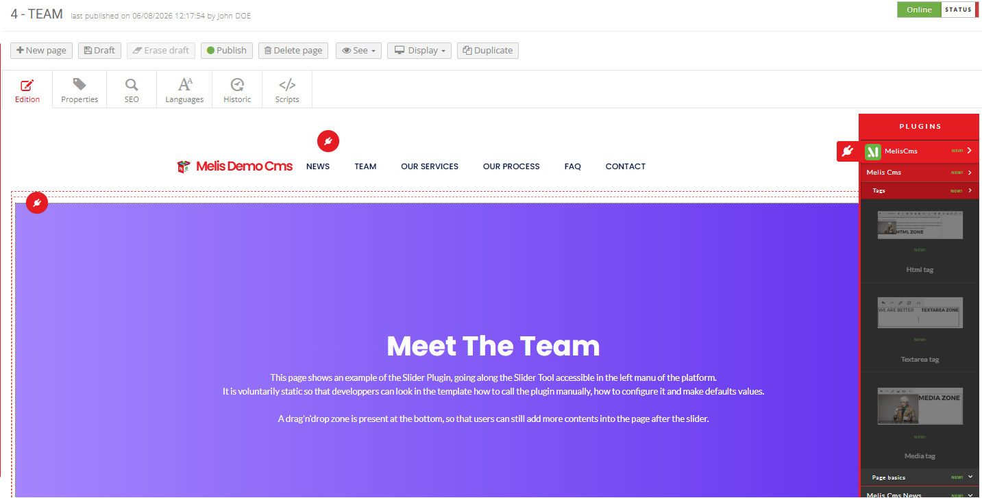 The page editor's plugins menu of content blocks