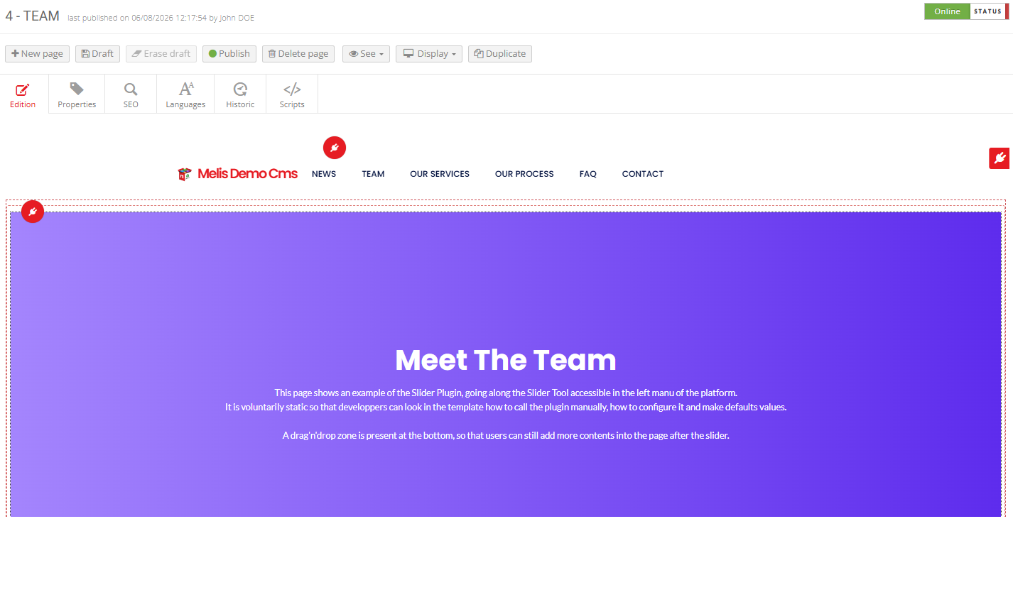 Dragging content blocks onto a live page preview