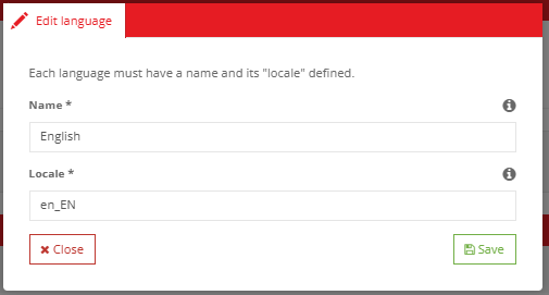Editing a language — locale, name and status