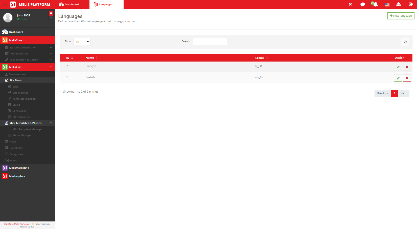 The Languages tool listing the platform's languages