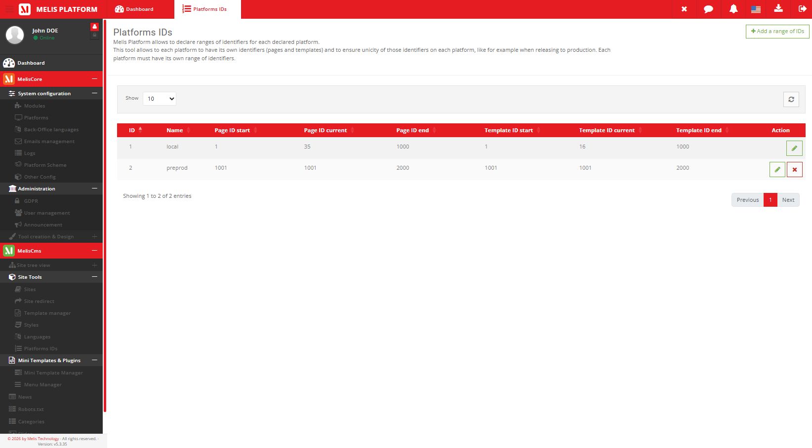 The Platform IDs tool listing id ranges per environment