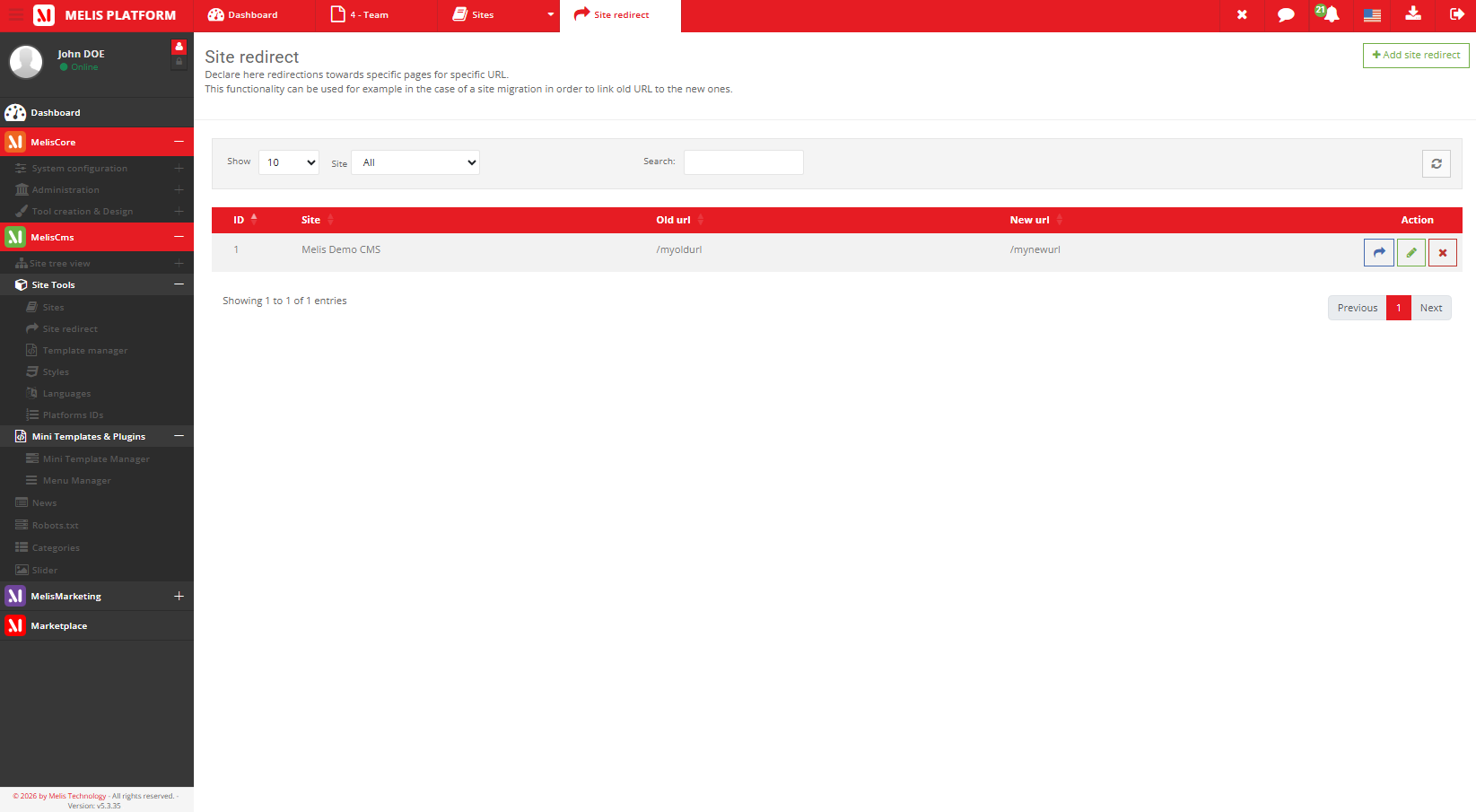 The Site redirects tool listing redirect rules