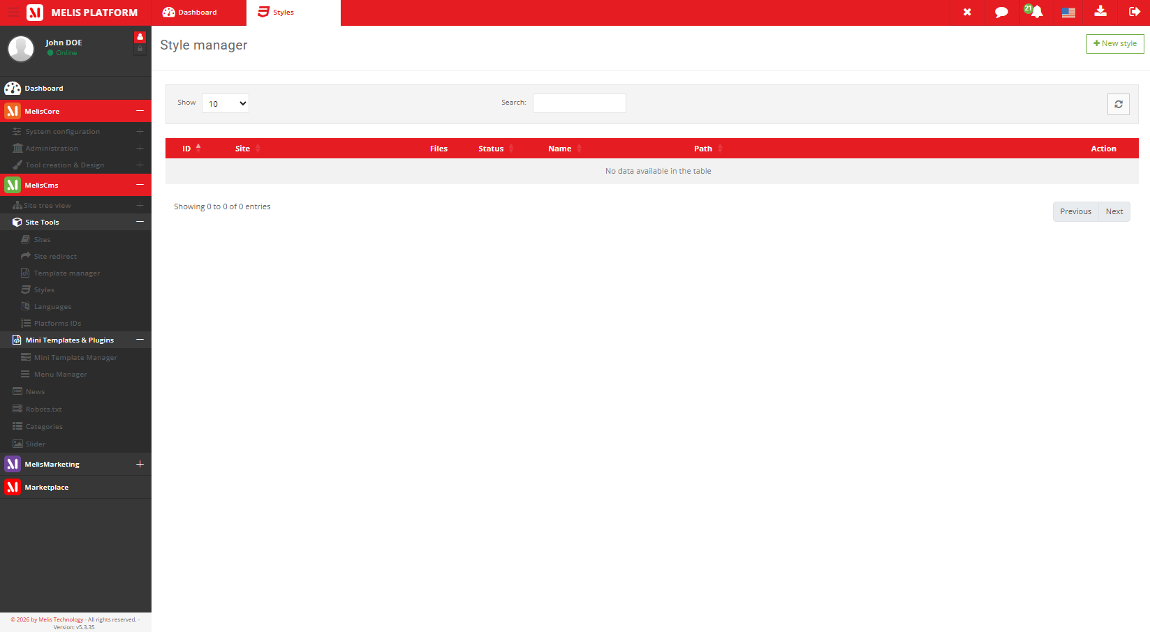 The style manager listing CSS stylesheets