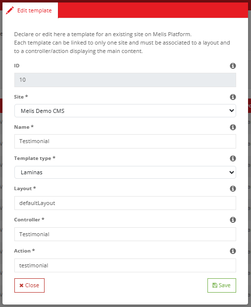 Editing a template — name, type and the code it maps to