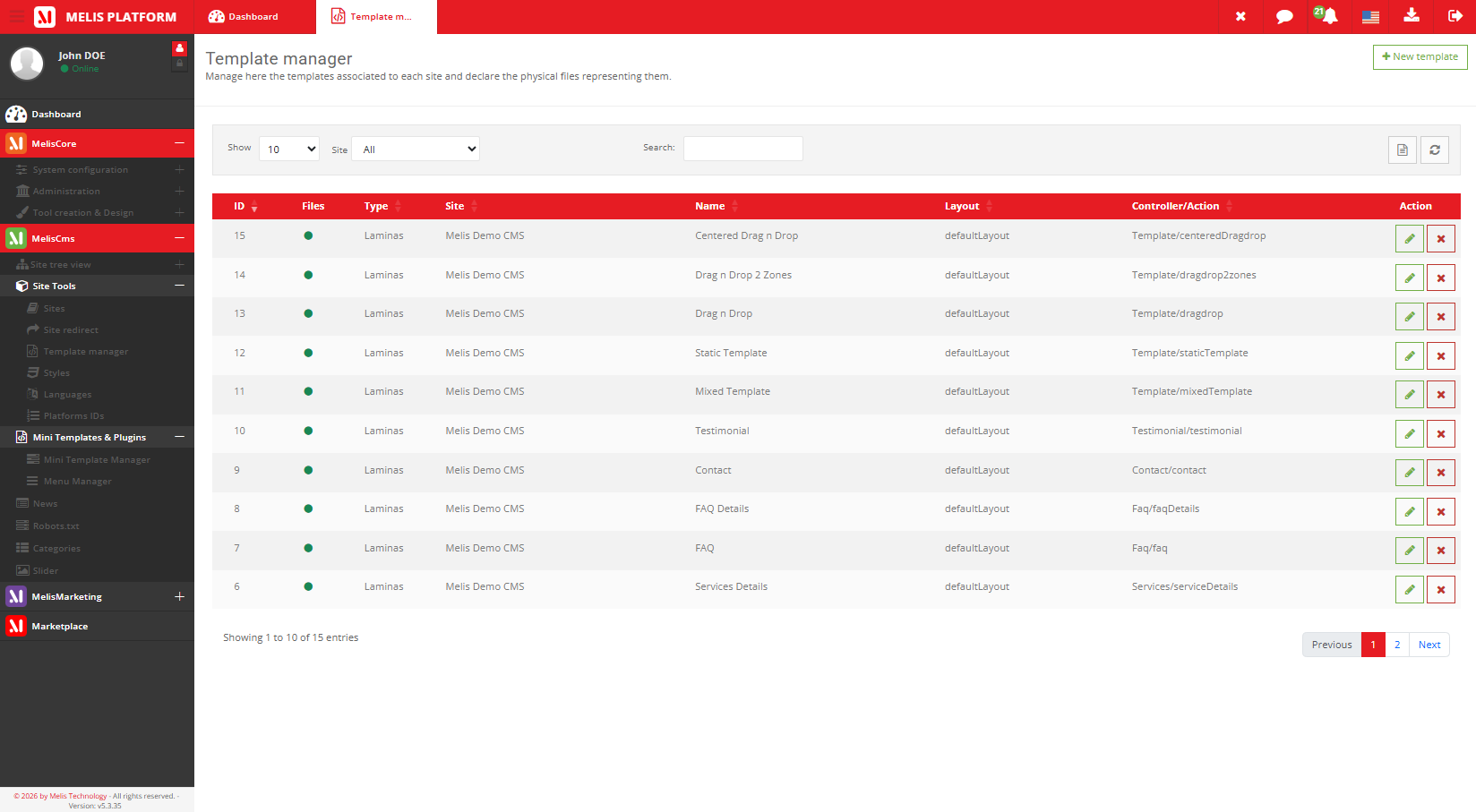 The template manager listing available page layouts