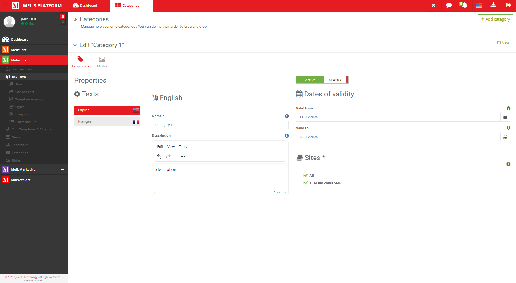 Editing a category — name/description per language, status, validity, sites