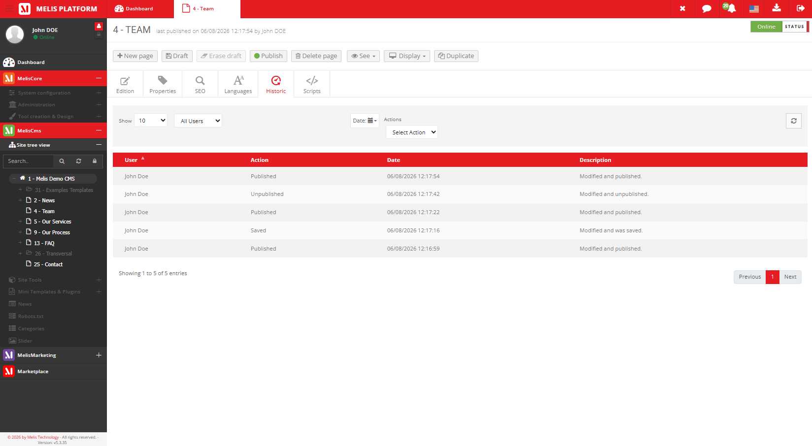 The page editor's Historic tab — the audit trail of the current page
