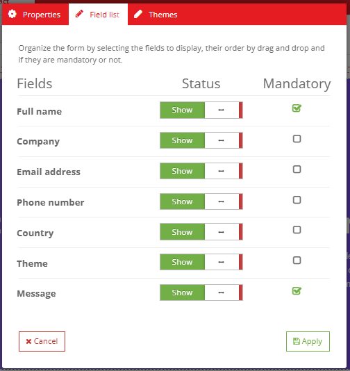 The Show Form field-builder — which fields show, which are required, in what order