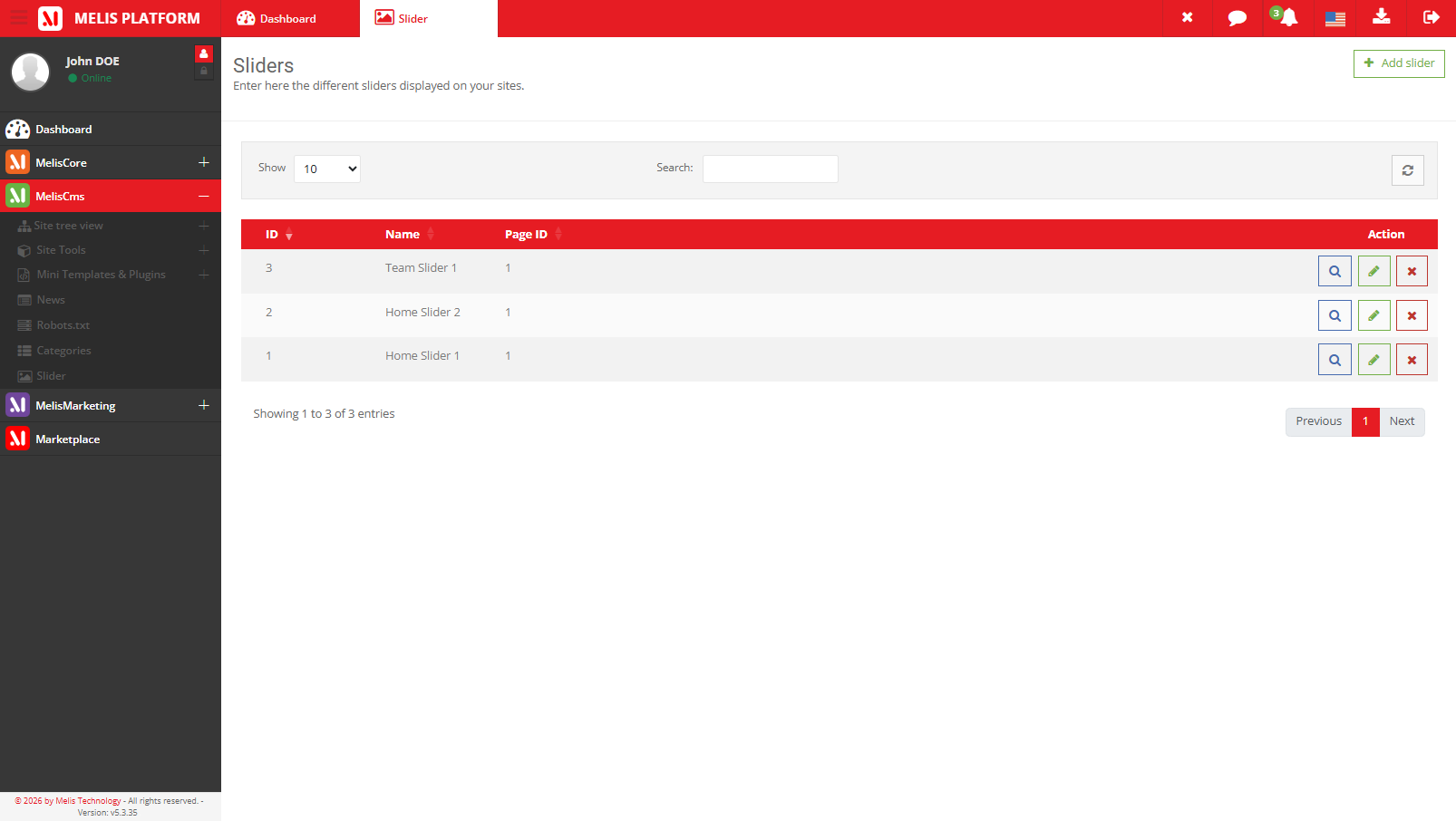 The slider manager listing all sliders
