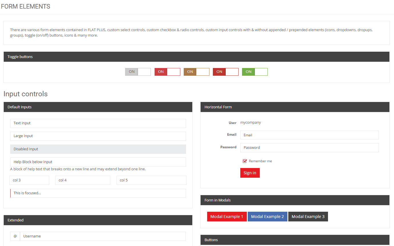 The Form Elements demo — inputs, toggles, forms in modals