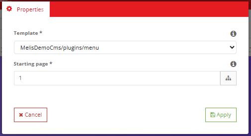 The Menu block's settings — start point, depth and template