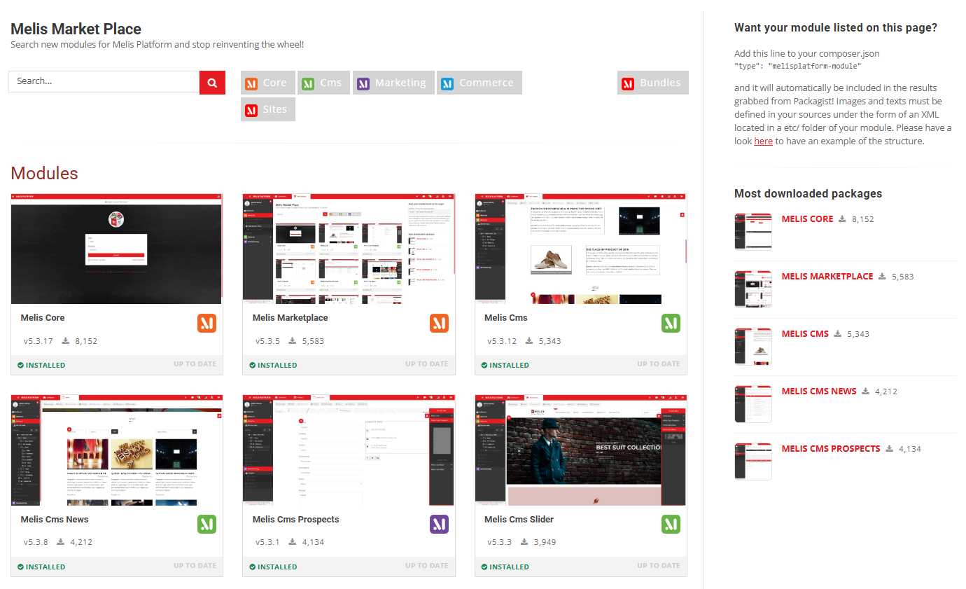 The Marketplace — a grid of module cards with versions and install buttons