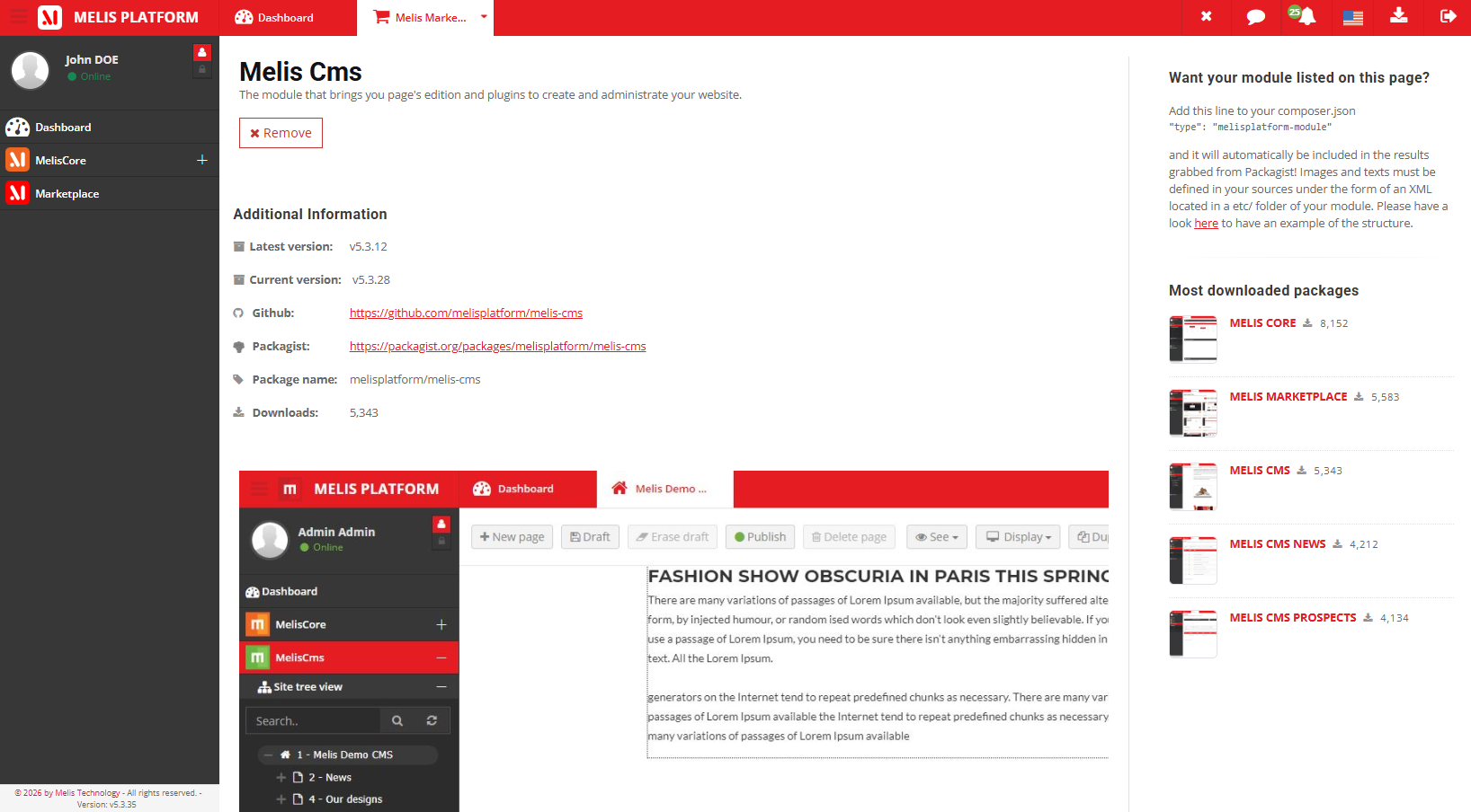 A module's product view — version, homepage, package name