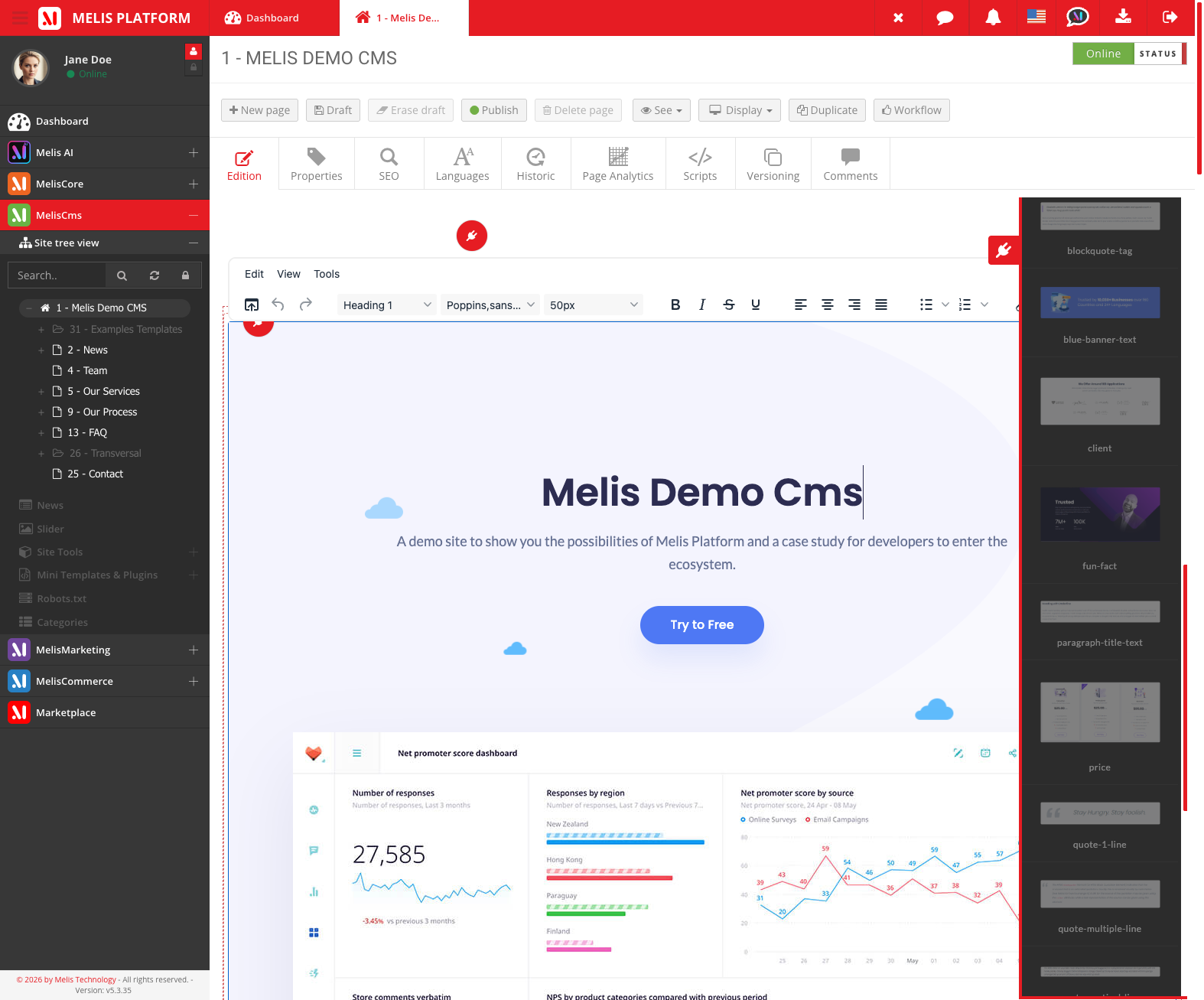 Melis CMS page editor: site tree, edition tabs, live preview and the mini-templates panel
